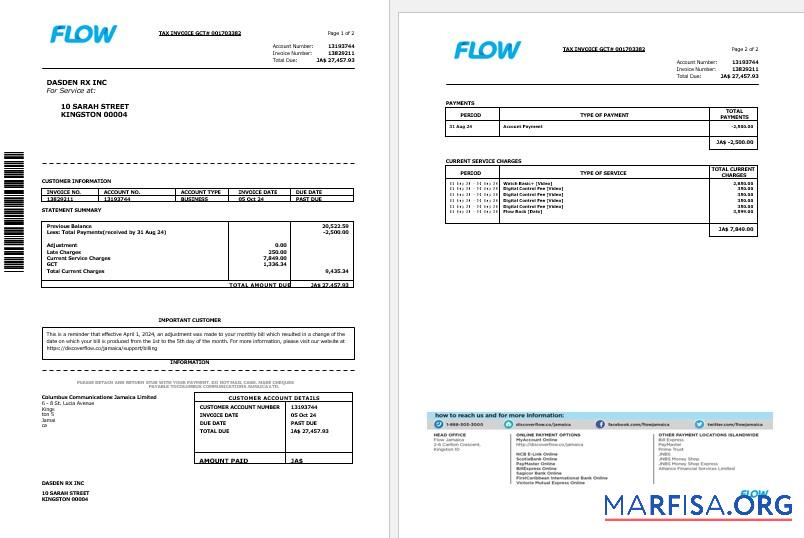 Realistic Jamaica Flow tax invoice cable and internet business utility bill Word and PDF template, 2 pages